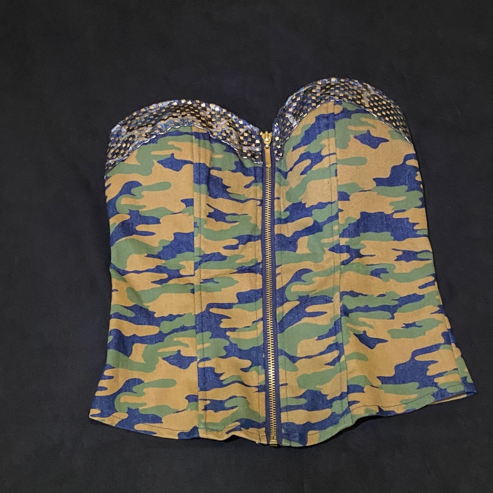 Vintage Y2K Camouflage Strapless Tank Top / corset denim with zipper